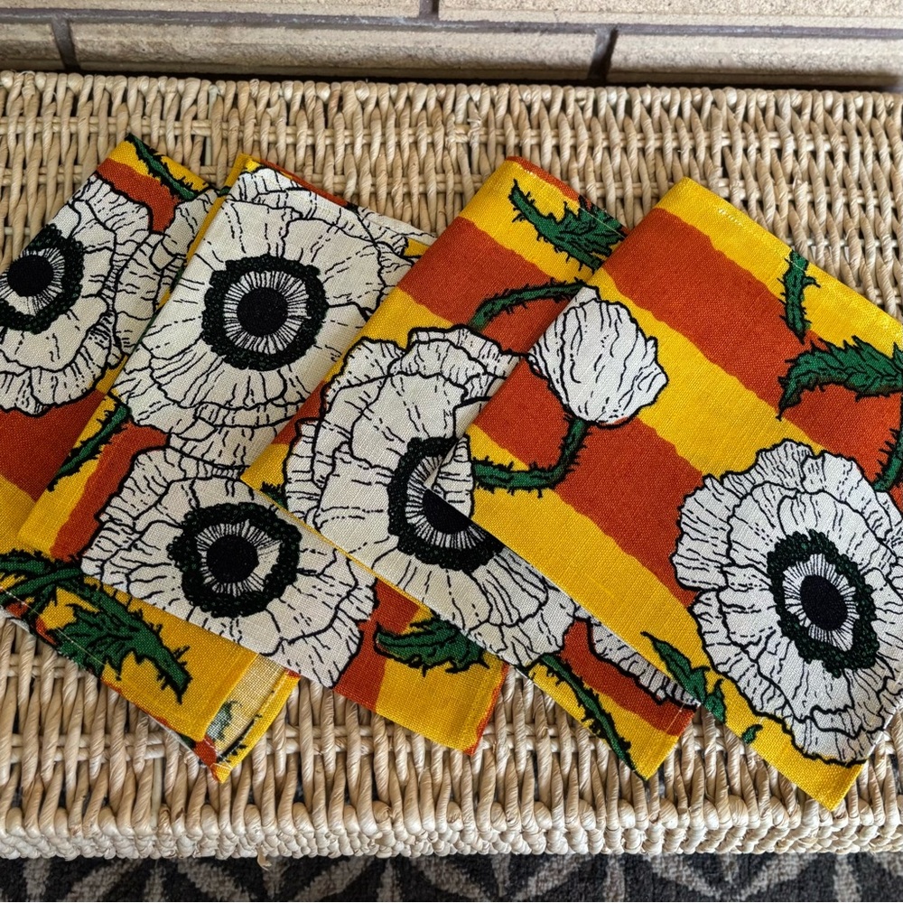 70's Mod Floral Barkcloth Napkins - 4 - 70's Kitchen Linens - Vera Bradley-esque